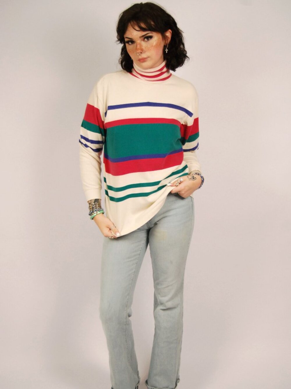 80s Eddie Bauer Turtleneck (L) large white vintage womens striped preppy casual